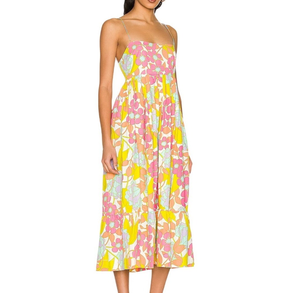 S/W/F En-Flowered Midi Dress Medium Pink‎ Floral Retro Mod Boho Sundress Cotton